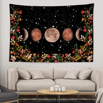Лунный садовый гобелен Лунный свет окружает виноградные лозы и цветы, Белое настенное украшение, висящее дома, декор спальни, гостиной