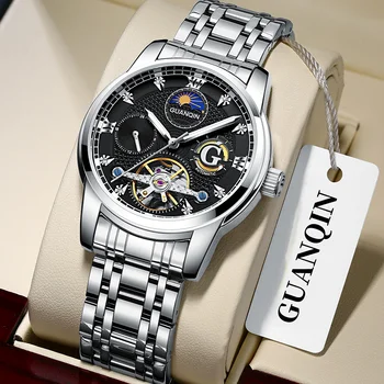 Механические часы GUANQIN Luxury Tourbillon для мужчин, Люминесцентные автоматические мужские часы из нержавеющей стали, сапфировое зеркало, часы фазы Луны