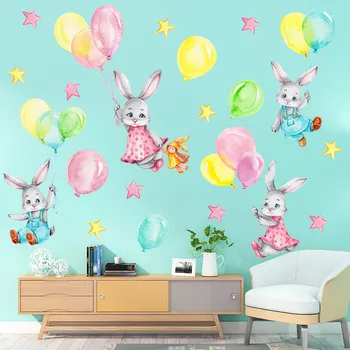 Милые наклейки на стену с воздушным шаром и кроликом, Съемные Наклейки из ПВХ, Обои для домашнего декора, Детская комната, комната для девочек, Декор для детской комнаты 30 *90 см