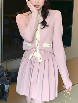 Милый элегантный комплект из двух предметов, Женская розовая Корейская модная юбка, женский повседневный Дизайнерский трикотажный юбочный костюм 2023 Осень