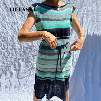 Модное женское платье Миди без рукавов для женщин 2024, Шикарные весенние платья-свитера на шнуровке, Элегантное вязаное платье в полоску с круглым вырезом