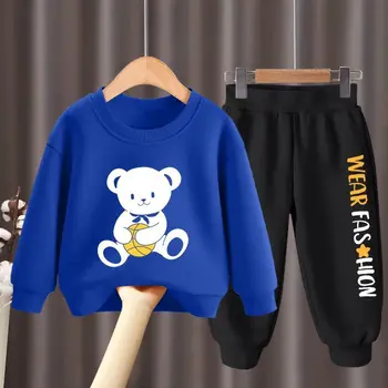 Модные осенние комплекты одежды для маленьких мальчиков и девочек, комплект одежды для маленьких девочек, детская спортивная толстовка с медведем, брюки, костюмы из 2 предметов, наряды
