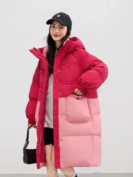Модный длинный пуховик TXii для женщин, зима 2023, новый контрастный цвет, выше колена, свободная зимняя пуховая куртка, трендовое пальто