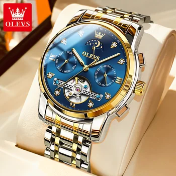 Мужские механические часы OLEVS Luxury Tourbillon, полностью стальные, водонепроницаемые, многофункциональный календарь, деловые наручные часы Reloj Hombre