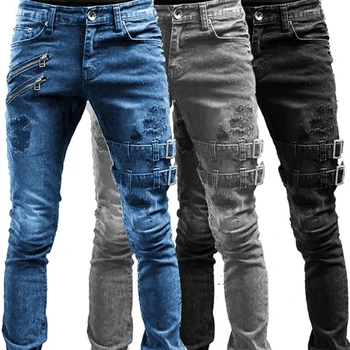 Мужские узкие байкерские рваные Длинные джинсовые брюки, Обтягивающие джинсы, Боковые карманы на бретелях и молнии, мужские штаны для бега трусцой, разрушенные эластичные брюки