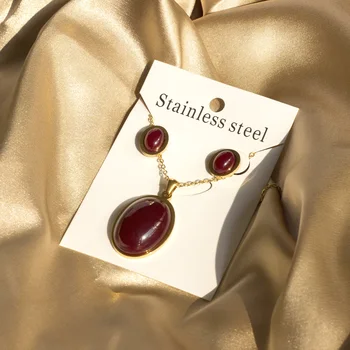 Новое круглое ожерелье с геометрической фигурой из красного оникса, наборы сережек для женщин, Модные серьги из нержавеющей стали, цвета: золотистый, серебристый, Оптом