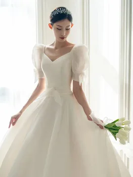 Новое элегантное атласное белое свадебное платье с короткими рукавами 2023 года Для женщин Летом или весной