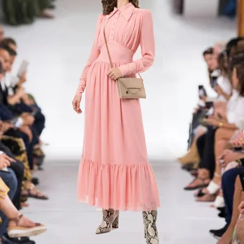 Новые Осенние Розовые Шифоновые Платья для Женщин 2023, Элегантные Драпированные Плиссированные Макси-Платья С Длинным Рукавом, Подиумные Vestidos De Fiesta