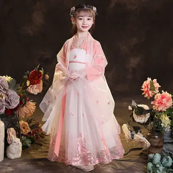 Осенний костюм Ханфу для девочек, старинное платье, юбка, сказочная розовая осенняя струящаяся детская юбка, платье с длинными рукавами