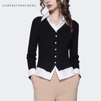 Осенняя блузка 2023, трикотажные рубашки из двух частей, топ, женский Приталенный кардиган с сращенным дизайном, Свитер, рубашка с отложным воротником,