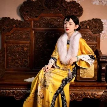 Осенняя тяжелая промышленность; Желтый бамбуковый журавлиный принт; Чонсам с длинными рукавами; Традиционная китайская одежда для женщин; Современное платье