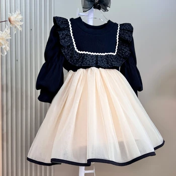 Платье для девочек Зима-осень, вязаные платья с длинными рукавами для девочек, плотное платье принцессы, детские костюмы, весенняя одежда для маленьких девочек 2-7 лет