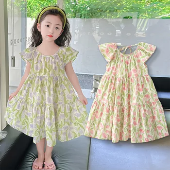 Платье для девочек Летнее хлопковое платье с воротником в виде лотоса, Фрагментированный тюльпан, сладкий детский сад, начальная школа, платья толстых принцесс