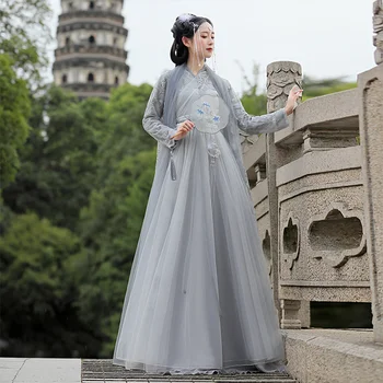 Платье с шлейфом, традиционный китайский женский костюм с кружевной вышивкой Hanfu, этническое танцевальное представление в стиле феи