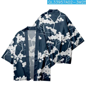 Повседневное японское Кимоно с мультяшным цветочным принтом Пляжные Шорты Кардиган Летняя пара Женщины Мужчины Хаори Юката Уличная одежда