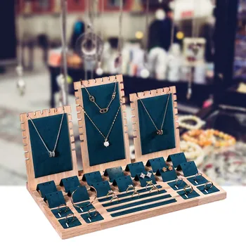 Подставка для ювелирных изделий из бамбука для сережек Колец ожерелья Темно-зеленый Бархат