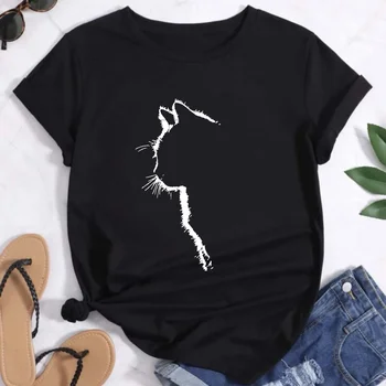 Простая и базовая женская футболка, женская повседневная футболка с короткими рукавами, модная черная футболка с милым рисунком кота
