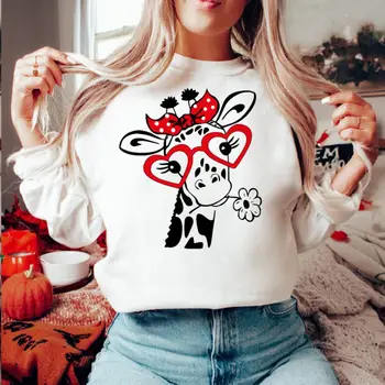 Пуловер с принтом коровы на День Святого Валентина, женский повседневный свободный топ, осенне-зимние модные толстовки