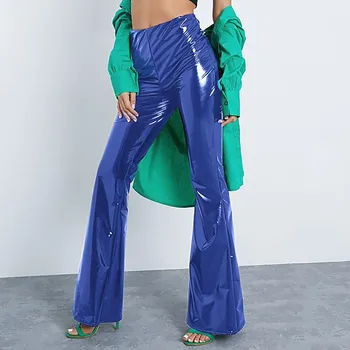 Расклешенные брюки из искусственной латексной кожи с высокой талией, женские расклешенные брюки-клеш, женские винтажные брюки из искусственной кожи Y2K, клубная одежда