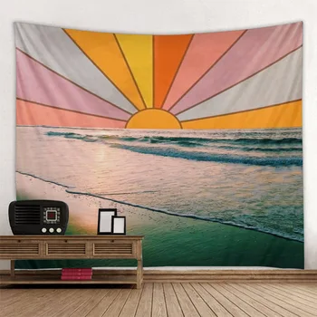 Ретро пейзажный гобелен с видом на солнце и море, настенное украшение для гостиной, одеяло, эстетическое оформление комнаты в стиле хиппи