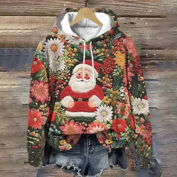 Рождественская женская толстовка с капюшоном, повседневный модный пуловер, уличная одежда с 3D принтом Санта-Клауса из мультфильма, Зимняя негабаритная женская толстовка с капюшоном