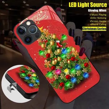 Рождественский Подарок LED Light Светящийся Чехол Для Телефона из Закаленного Стекла для iPhone 11 12 13 14 15 X Xs Xr Mini Pro Max Plus