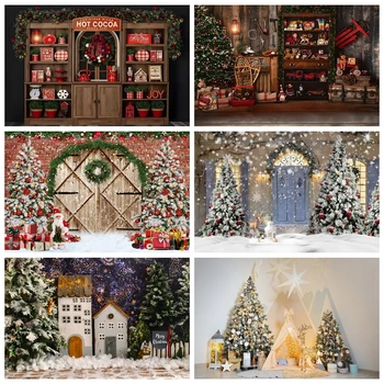 Рождественский фон 2023 года, Подарки на Рождественскую елку, Игрушки, Снег, Деревянная дверь, венок, Освещение на окне, Интерьер, Фон для портретной фотографии детей