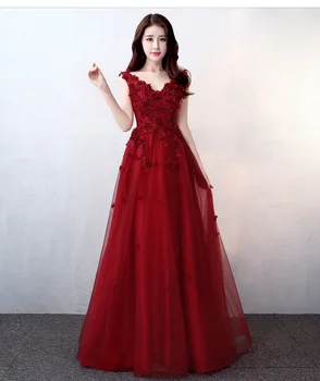 Сексуальное платье для выпускного вечера с V-образным вырезом и аппликацией, длинная бордовая газовая юбка без рукавов, женское элегантное темпераментное свадебное платье невесты Cheongsam