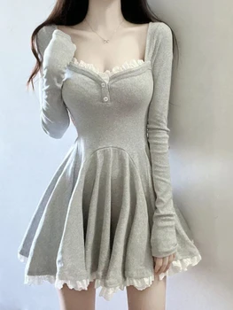Сексуальное тонкое платье, Кружевное Лоскутное облегающее платье с длинным рукавом, Женское Y2k, Корейская модная одежда для вечеринок, плиссированный Квадратный воротник