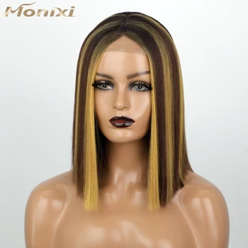 Синтетический прямой парик MONIXI Короткий Боб Светлые парики для женщин Средняя часть Коричневые Светлые парики для косплея из натуральных термостойких волос