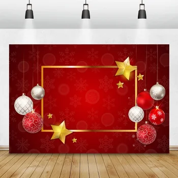 Счастливого Рождества Красный Фон Цветные Шары Золотая Звезда В Горошек Детский Портрет Фотоколлаж Баннер Фон Для Семейной Фотографии