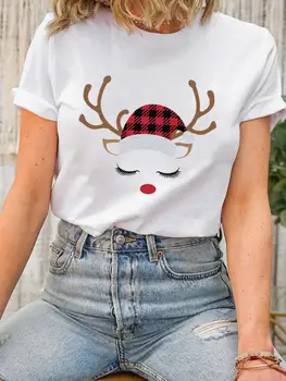 Трендовая милая футболка в клетку с оленями, Рождественская леди, Новогодняя модная женская рубашка с коротким рукавом и принтом, одежда, графическая футболка
