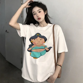 Футболка Женская хлопковая аниме Jasmine Модные футболки Kawaii Fat Disney Princess Мультфильмы Harajuku Повседневная одежда Уличная одежда Топ