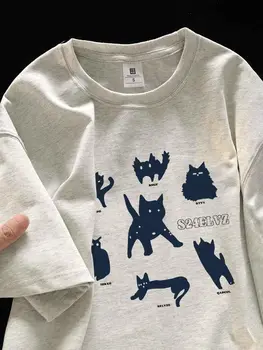 Хип-хоп трендовая футболка с графическим принтом уличного кота, летняя футболка в стиле ретро для мужчин и женщин свободного кроя, повседневная пара с короткими рукавами, harajuku y2k
