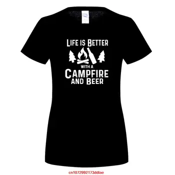 Хлопковая футболка с круглым вырезом и коротким рукавом, футболка для кемпинга, жизнь становится лучше с костром и пивом для женщин