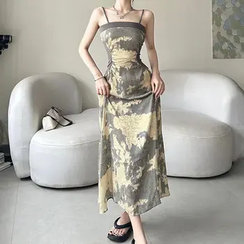 Шикарное платье премиум-класса в стиле французского ретро с легким зрелым рисунком на бретелях, элегантное плиссированное платье без спинки