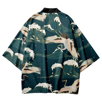 Японское Кимоно и шорты, Кардиган, Топы-юката в японском стиле, винтажные куртки харадзюку, повседневное кимоно с принтом Журавля Хаори