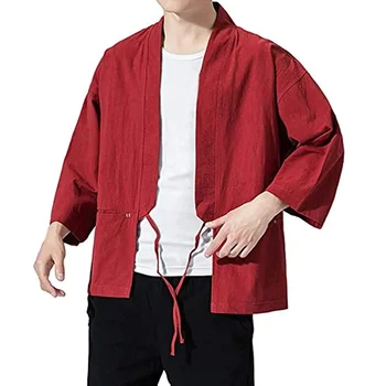 Японское кимоно, кардиган, мужская куртка Harajuku, повседневная куртка, легкое льняное кимоно, Традиционный костюм самурая Хаори Хагата