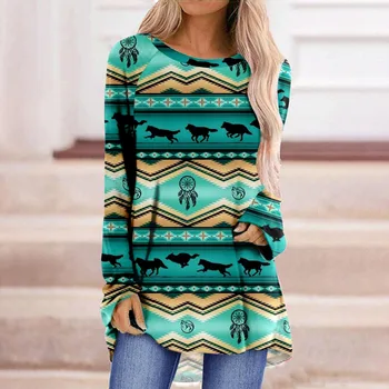 2023 Женский реглан с длинным рукавом, свободный пуловер с 3D принтом в западном стиле, круглый вырез, Модная повседневная удобная футболка на каждый день, топ