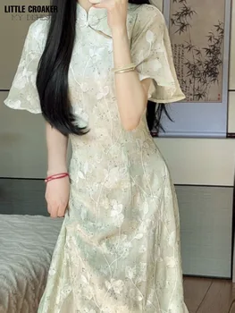 2023 Летнее Новое Китайское Тонкое Ежедневное Свежее Зеленое Ципао Китайская Традиционная Одежда для Женщин, Улучшенное Платье Qibao Cheongsam для Девочек
