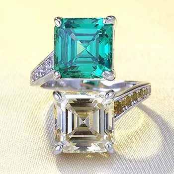 2023 Новое серебряное кольцо S925 с открытым женским квадратным желто-зеленым бриллиантом 