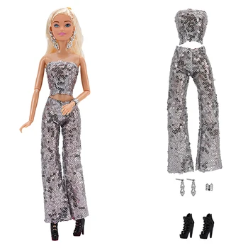 NK 1 Комплект блестящего серебристого платья куклы-супермодели: топ + брюки + серьги + браслеты + черные туфли на высоком каблуке Для игрушки Куклы Барби