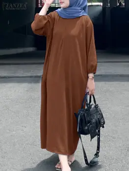 ZANZEA Модное мусульманское платье с пышными рукавами, элегантный вечерний сарафан, женские платья в турецком хиджабе, повседневный однотонный халат, исламская одежда
