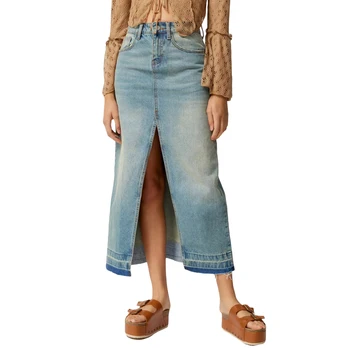 Женская джинсовая юбка Y2k с высокой талией, длинные юбки с разрезом, потертая синяя джинсовая юбка Миди, Винтажная эстетика 90-х, уличная одежда E-Girl