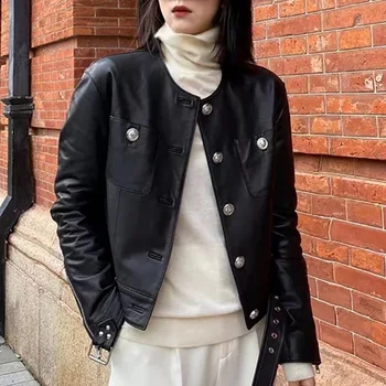 Женская куртка из натуральной кожи, осенняя однобортная куртка с круглым вырезом и карманами, пояс, Тонкая черная универсальная короткая уличная одежда из овчины.