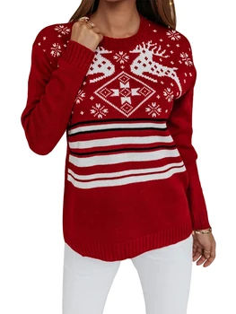 Женские Рождественские свитера с классическим принтом в виде снежинок, пуловер с длинным рукавом и круглым вырезом, трикотажные топы