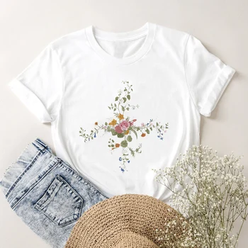 Забавный универсальный модный цветочный акварельный принт, милая женская одежда с коротким рукавом, женская летняя футболка для отдыха, футболка.