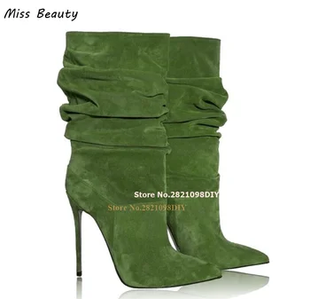 Зеленые Замшевые ботинки с напускной гофрировкой, с острым носком, на высоком каблуке-шпильке диаметром 120 мм, женские Остроконечные ботинки для подиума