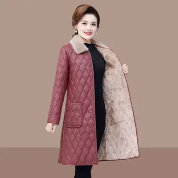 Зимняя новая женская шуба из искусственной кожи средней и длинной плюс бархатная ветровка из плотной кожи, Корейское однобортное пальто с карманами