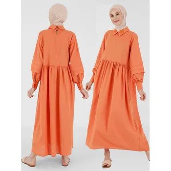 Ид Джалабия Мусульманская Абая Ближний Восток Простое женское длинное платье с вышитым воротником Однотонная юбка с длинным рукавом Платье-фонарь